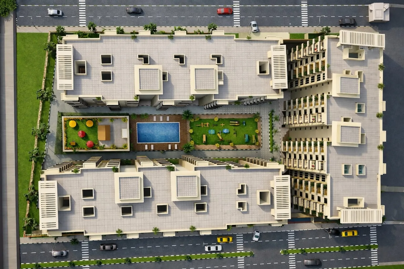Site plan: towers around the central pool, garden and play court