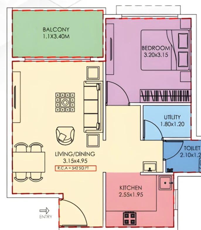 1 BHK 2D floor plan