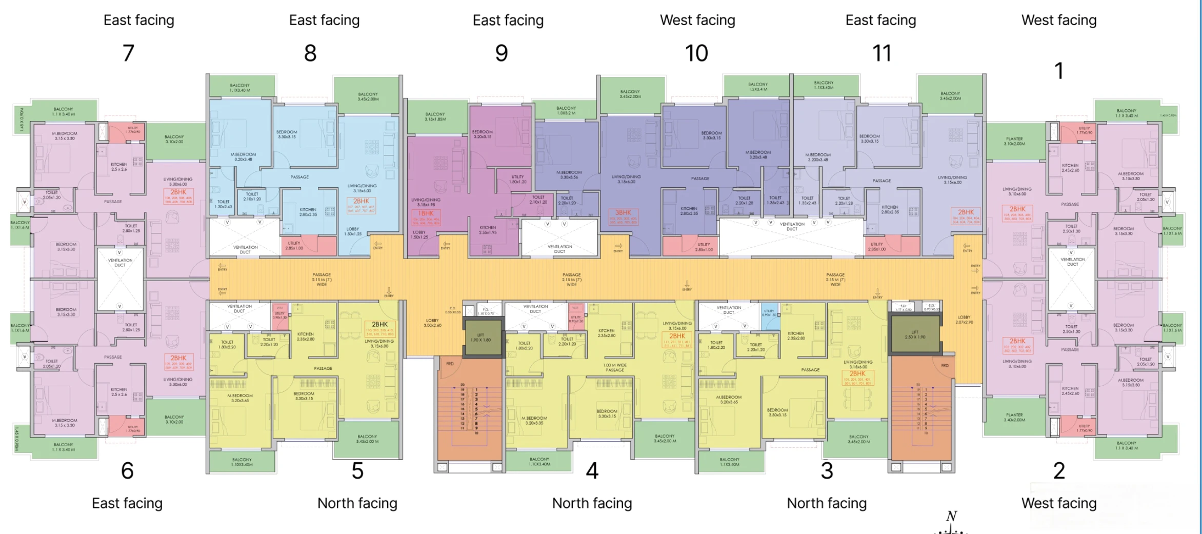 Ruby Tower typical floor plan with 11 flats and their facing directions